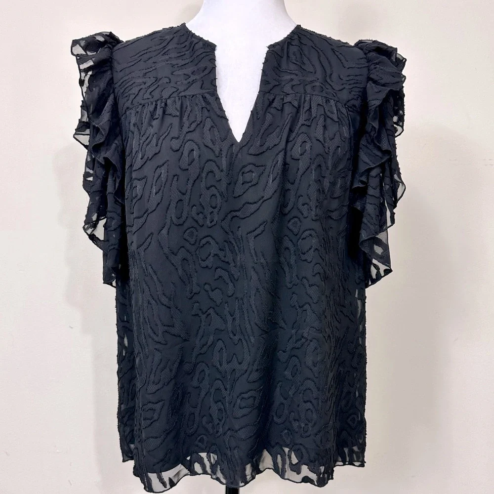 NWOT Anna Cate Black w Lace Overlay Ruffle Sleeves V-Neck Collar Pullover Top M - Picture 1 of 14